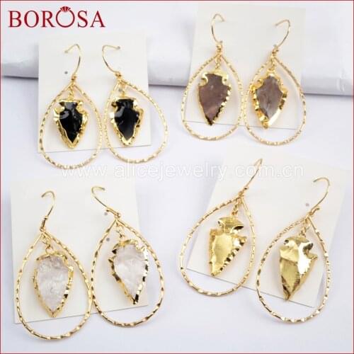 BOROSA Druzy Jewelry Teardrop Shape Metal Hoop With Tiny Gold Trim Arrowhead Jewelry Earring For Women Dangle Earring G1580