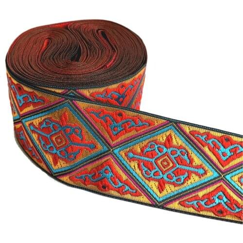 ZERZEEMOOY 2" 48MM 10 YARD Woven Jacquard Ribbon Trims Geometric Red Totem Pattern For Curtain And Clothing Accessory