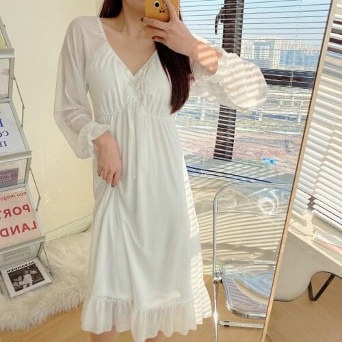 Ladies V-Neck Long Mesh Nightdress Sweet Ruffles Bow Home Dress Spring Autumn Lantern Sleeve Nightgown Summer Casual Sleepwear
