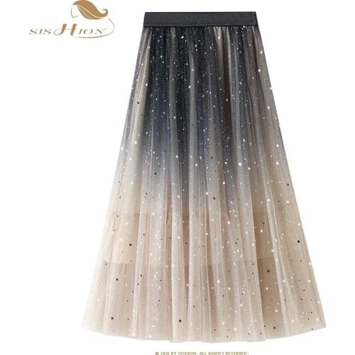 SISHION Women Ladies Autumn Long Skirt WF0051 Blue White Gradient Color Fashion Sequins Elastic Waist Stars Tulle Skirt