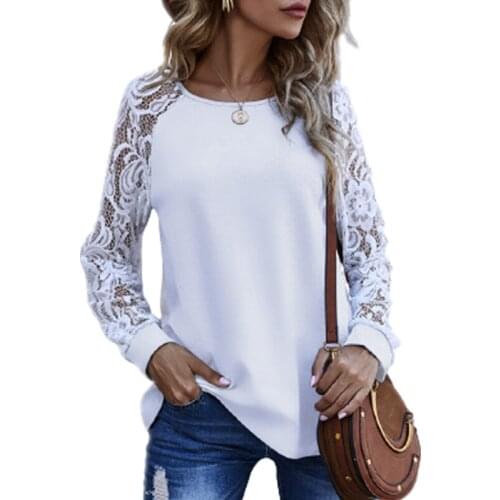 Fashion Hollow Out Lace Stitching Long Sleeve T Shirt Women O-Neck Casual White Top Ladies Elegant Street Grey Tshirt