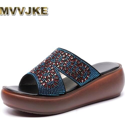 MVVJKESize 35-40 Genuine Leather Slippers Womens Shoes Summer Platform Casual Rhinestone Sandals Slippers Woman