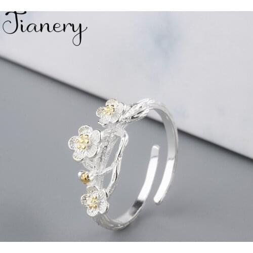 JIANERY Bohemian Vintage Silver Color Plum Flower Rings For Women Female Fashion Party Jewelry Wedding Gifts