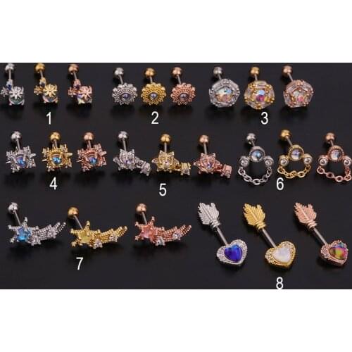 1Pc Mix Color Zircon Cartilage Ear Stud Surgical Steel Tragus Helix Piercing Bar Small Earring Tunnel Plug Jewelry Women Girls