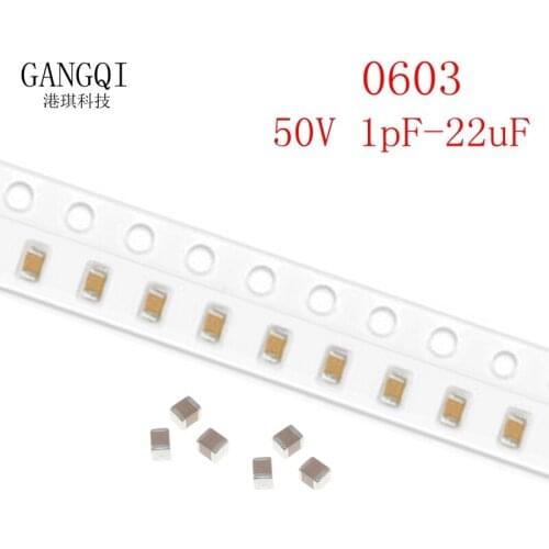 100pcs 0603 50V SMD Thick Film Chip Multilayer Ceramic Capacitor 1pF-22uF 10NF 100NF 1UF 2.2UF 4.7UF 10UF 1PF 6PF 100pcs 0603