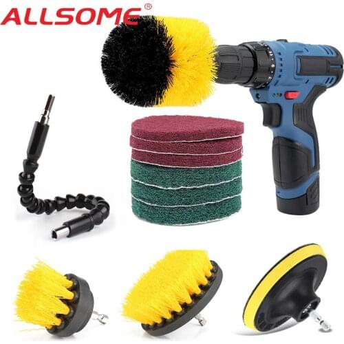 ALLSOME 11pcs electric Drill Cleaning Brush Scouring Pad with Flexible Shaft Attachments for Kitchen Bathroom Cleaning