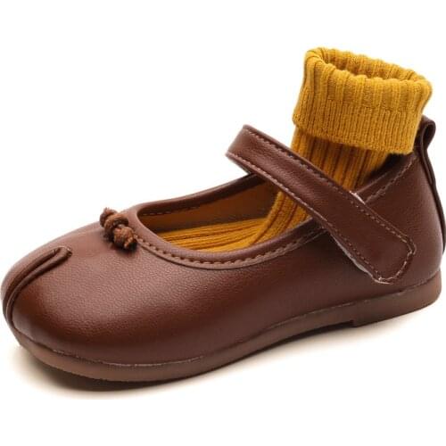 2021 Early Autumn Fashion Girls Shoes Kids Leather Flats Korean Style Childrens Mary Janes Solid Color Wide Toes Comfortable