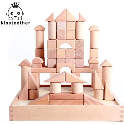 72pcs Wood Beech Solid Building Blocks Can Bite Safe Eco Friendly Baby Assembled Toys Baby Puzzle Gift Inspired Toddler