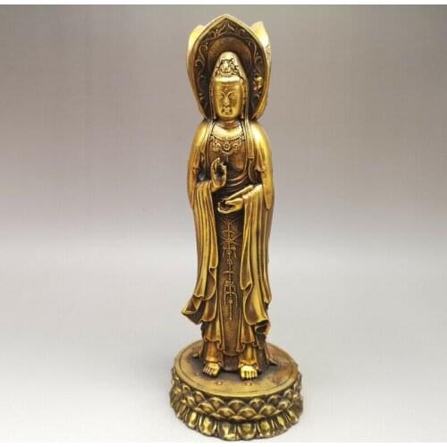 9" Chinese old bronze gilt gold Qianlong mark Three sides guanyin Buddha statue