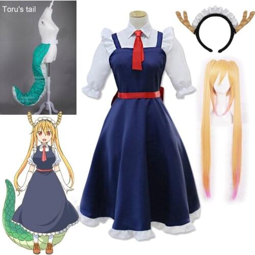 Anime Toru Cosplay Costume Miss Kobayashis Dragon Maid Toru Wig and Dress Dragon Tail Accessories Halloween Carnival Costumes
