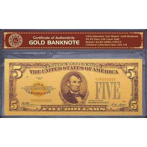 9pcs/Lot 1928 Year America Color Gold Banknote USD 5 Dollar Banknotes Fake Paper Money For Souveni Gifts