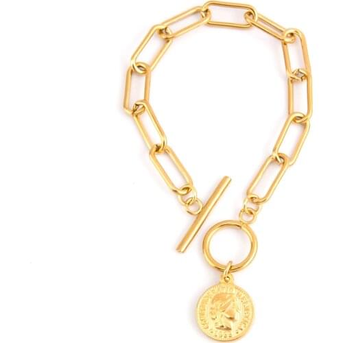 Bracelets for women Long O chain Coin pesos charm silver gold color Stainless steel pulseras mujer Girl Gift Party Wear Jewelry