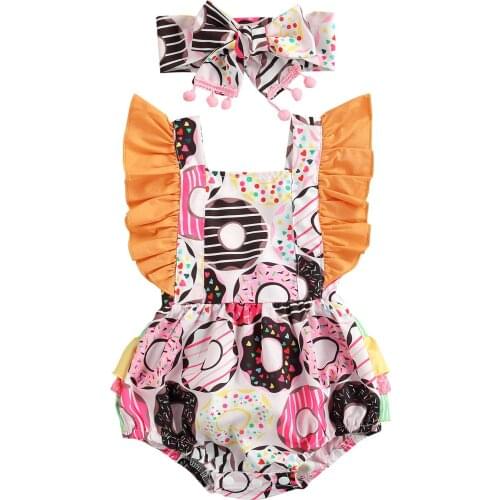 Infant Baby Girl Clothing Set Doughnut Print Fly Sleeve Bodysuit Backless Tie-Up Ruffled Jumpsuit with Bow Headband Baby 0-24M
