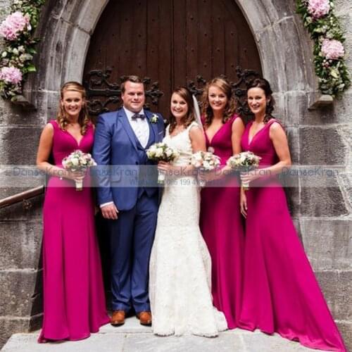 V Neck Fuchsia Bridesmaid Dresses 2020 Zipper Up Back Floor Length A Line Wedding Party Dress Satin Vestido De Fiesta De Boda