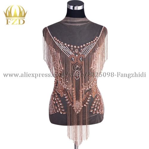 FZD Handmade 1 Piece Sewing Rhinestone Rose gold Beads Patches Bodices Large Rhinestone Appliques for Wedding Dress Trimming
