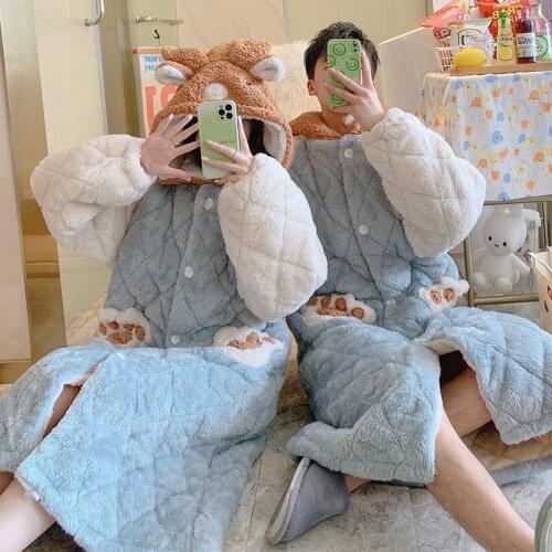 Couple Velvet Autumn Winter Nightgown Women And Men Three-layer Cotton Thick Flannel Sleep Robe Lounge Home Clothes Nightdress