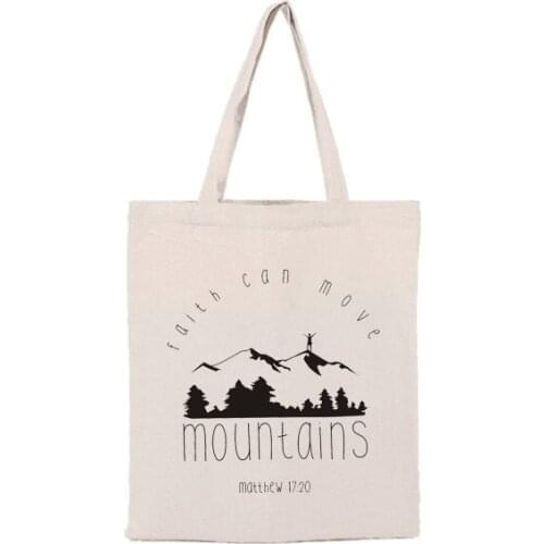 Faith Can Move Mountains Canvas Tote Bags Casual Fashion Shopping Shoulder bags Christian Zipper Large Bags Bible Verse Bags
