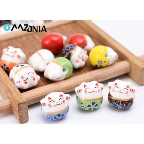 14mm Ceramic Beads Colorful Porcelain Lucky Cat Cute Animal Pattern Shaped Beads DIY Beads For Craft Bracelet Jewelry Making