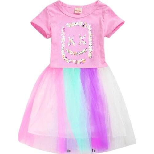 DJ Marshmello Girls Summer Princess Dress Girl Children Casual Clothes Kids Cotton Mesh Patchwork Vestidos Birthday Gift