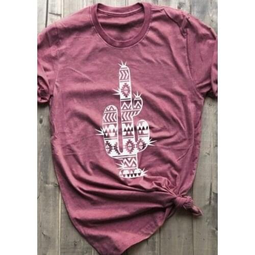 Summer Casual Lady Tops Tee New Cute Women T-Shirt Cactus Geometric Print Short Sleeve T-Shirt
