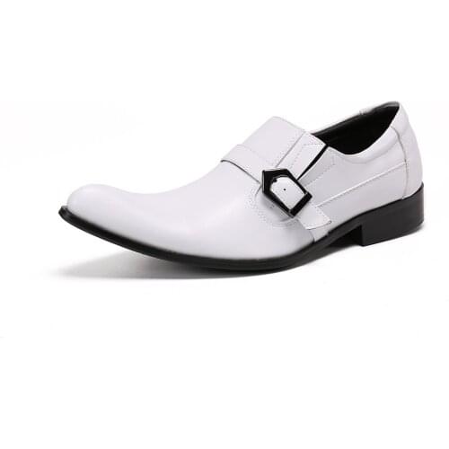 Fashion Wedding Party White Genuine Leather Shoes Men Buckle Pointed Toe Dress Shoes Business Men Formal Shoes