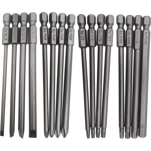 16Pcs Long Magnetic Screwdriver Bits Set Slotted+Cross+Hex+Torx Drill Bit Set 1/4 Inch Hex Shank 100mm Length