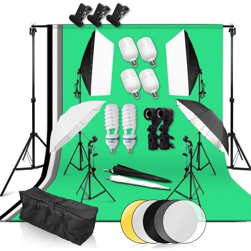 Photo Studio Lighting Kit 50*70cm Softbox Background Support System 4Pcs Backdrop 25W/135W Light Bulb Reflector Panel 4 Umbrella