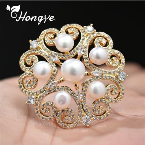 Real Gold New Design Metal Brooch Pin Natural Freshwater Pearl Hollow Oval Brooches Pins Women Party Dress Pin Jewelry New