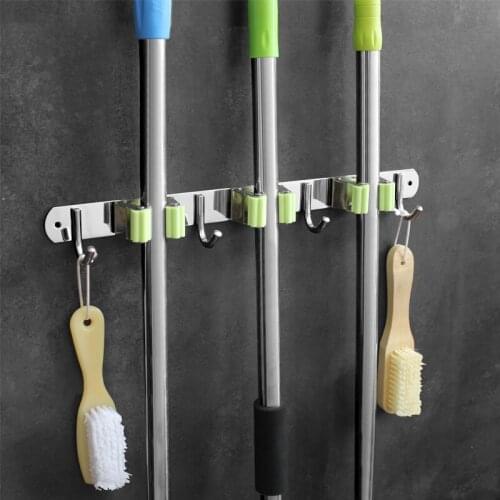 Mop Organizer Broom Holder Wall Mount Storage Rack Stainless Steel Brushes Hanger with Hooks Heavy Duty Bathroom Kitchen Shelves
