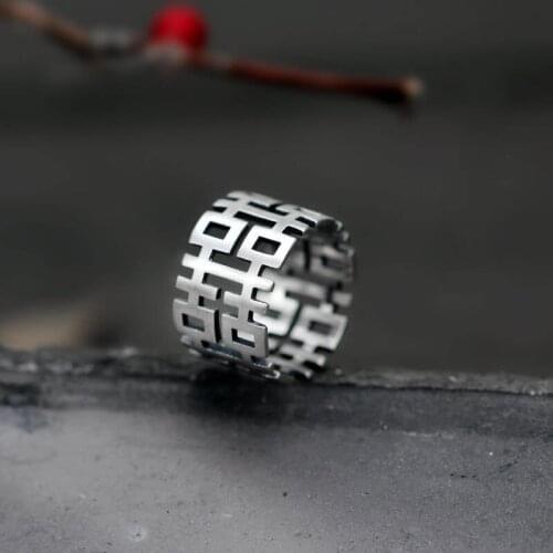 Original design Chinese hi word open ring retro literature and art hollow craft elegant and fresh charm womens silver jewelry