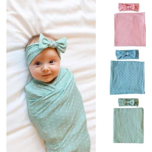 Newborn Swaddle Wrap Receiving Blanket Bowknot Headband Set Baby Infant Cotton Sleeping Bag Hairband Photography Props