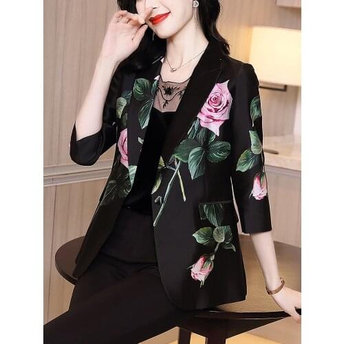 100% Mulberry Silk Suit Jacket Women Summer OL Black Casual Printed Floral Loose Casual Women Suit