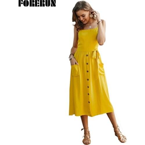 FORERUN Spaghetti Strap Dress Women Long Backless Sashes Summer Dresses Sleeveless Cotton Pockets Solid Vestidos Ropa Mujer