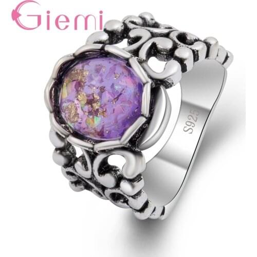 Wide Verge Women Female Jewelry Accessories 925 Sterling Silver Geometric Vintage Ring With Round Purple Opal