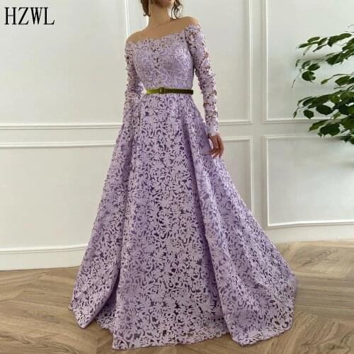 Light Rosa Purple Color Laced Prom Dress Party Gown Designer Flowery A-Line Long Sleeeves Velvet Belt Dress for Special Occasion
