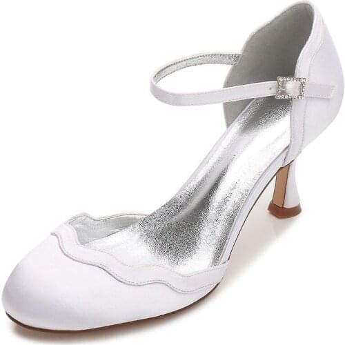 High Heels Satin Wedding Shoes Women Round Toe Ankle Buckle Strap Heeled Prom Evening Wedding Bridal Party Dress Pumps