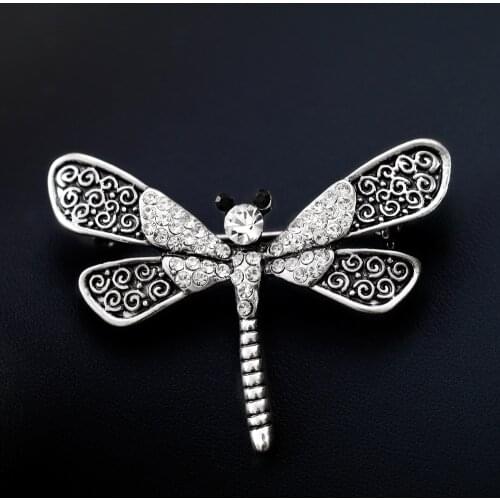 Vintage Silver Dragonfly Brooch Rhinestone Intersperse Wing Brooches for Women Kids Gift Animal Pins Accessories