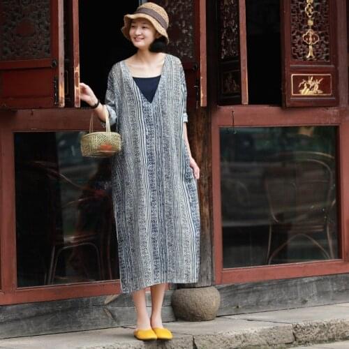 Y736 Silk And Hemp Printing Comfortable V Lead Dress Long Robe Literature Loose Will Dress Code