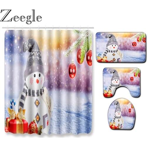 Zeegle Waterproof Shower Curtain Christmas Bath Curtain Anti-slip Bathroom Rug Absorbent Toilet Cover Mat Washable Bath Mat