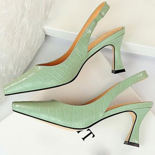 New Women Summer 8cm High Heels Sandles Square Toe Slingback Shoes Green Yellow Leather Korean High Heels Designer Prom Sandals