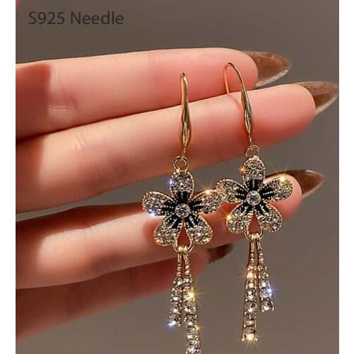 925 Sterling Silver Needle Long Dangle Drop Earrings for Women Jewelry Shining Flower Elegant Female Tassel Earrings