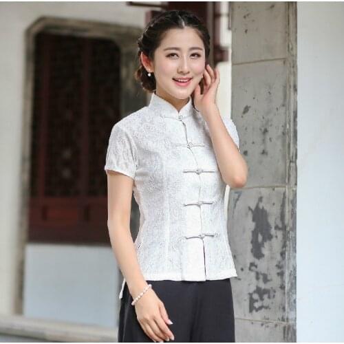 Women Ladies Chinese Traditional Top Clothing Qipao Shirt For Woman Chinese Blouse Cheongsam Style Shirt Black White Lace Shirts