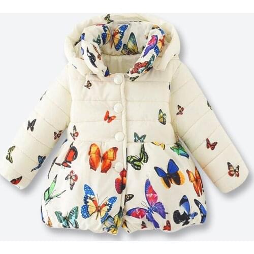 Girls Winter Coat Kids Coat Childrens Color Butterfly Pattern Zipper Jacket Casual Girls Outerwear with Removable Cap 1-3 years