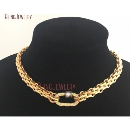 NM35053 Gold Carabiner Chunky Multilink Chain Necklace Gold Brass Textured Chain Gold Pave Carabiner Gunmetal Pave Screw Lock