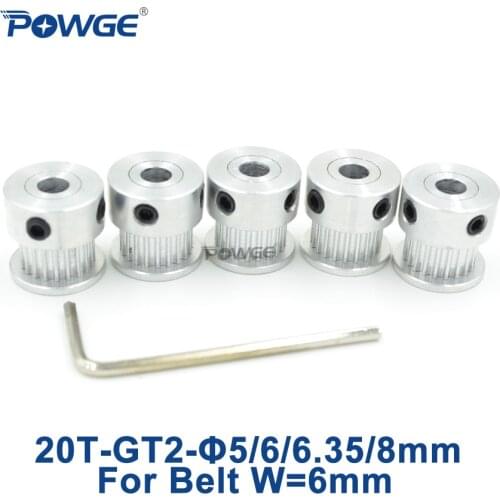 POWGE 20 teeth GT2 Timing Pulley Bore 5mm 6mm 6.35mm 8mm for width 6mm GT2 Synchronous Belt Small Backlash 20T 20teeth 5pcs