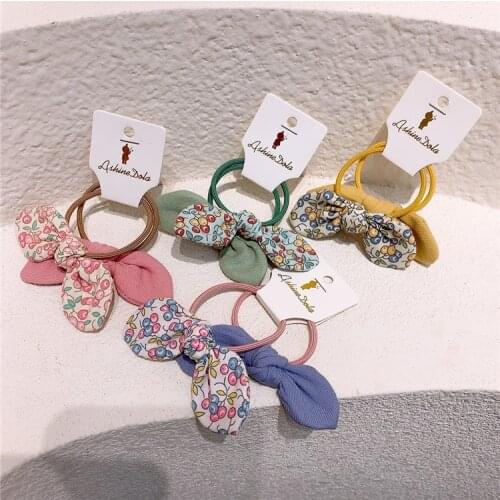 2 Pcs New Korean Floral Cherry Hair Ties Scrunchies Fabric Rabbit Ears Children Rubber Band Girls Baby Ponytail Hair Accessories