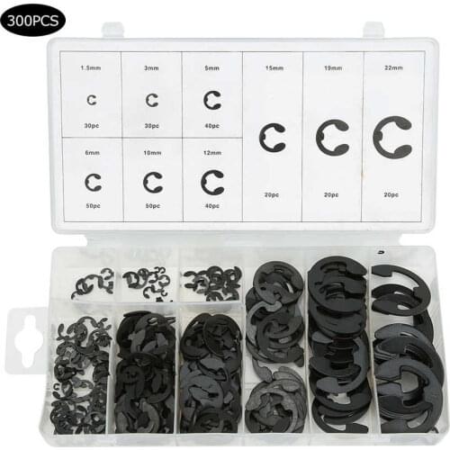 300Pcs 1.5-22mm Black Carbon Steel Snap Rings Internal Retaining E Circlip Kits Elastic Machine Accessory
