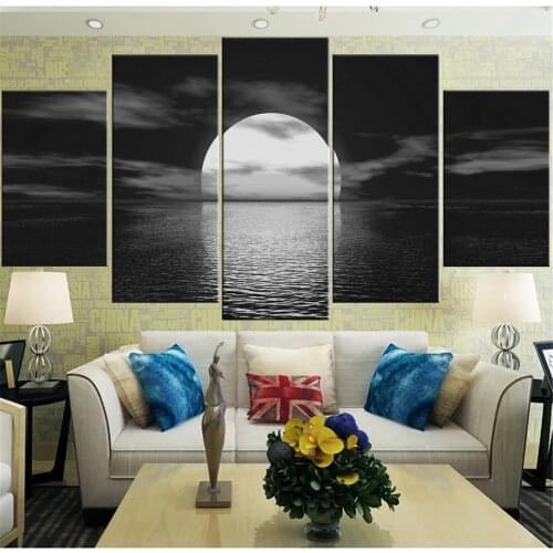 No Framed Canvas 5Pcs Sunrise Black White Seascape Wall Art Posters Home Decor Picture Accessories Room Decoration Paintings