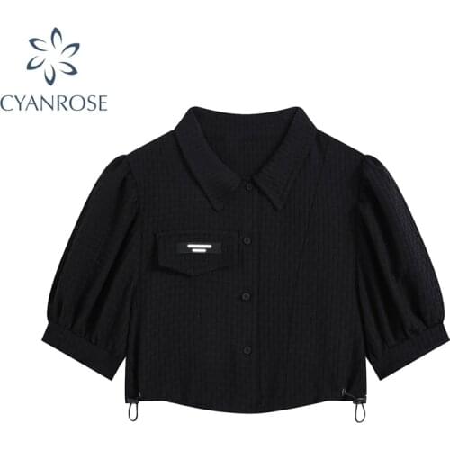 French Short Women Blouse Crop Tops 2021 Summer Lapel Puff Sleeve Slim Navel Exposed Drawstring High street Chic Lady Shirt