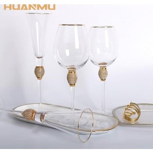 Gold Edge Cocktail Glass Inlaid Diamond Wine Set Champagne Goblet Crystal Grape Glass Home Bar Restaurant Handmade Red Wine Cup